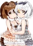  2girls adapted_costume bird_tail bloomers bow breasts brown_hair cleavage collarbone commentary_request cowboy_shot eurasian_eagle_owl_(kemono_friends) eyebrows_visible_through_hair fur_collar grey_hair hair_between_eyes hand_on_another&#039;s_shoulder hands_on_another&#039;s_waist highres hug kanjitomiko kemono_friends lingerie looking_at_viewer medium_breasts multicolored_hair multiple_girls northern_white-faced_owl_(kemono_friends) short_hair silver_hair simple_background underwear white_background yellow_eyes 
