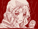  1girl abazu-red girls_und_panzer kay_(girls_und_panzer) looking_at_viewer monochrome open_mouth rain raincoat solo tegaki tegaki_draw_and_tweet wet 