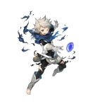  1boy armor bandanna barefoot brown_eyes child fire_emblem fire_emblem_heroes fire_emblem_if full_body gem gloves grey_hair highres kanna_(fire_emblem_if) kawasumi_mahiro male_focus official_art one_eye_closed open_mouth pointy_ears solo teeth torn_clothes transparent_background 