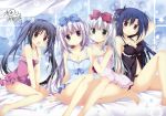 4girls :d absurdres airi_(alice_or_alice) alice_or_alice babydoll barefoot between_legs black_hair black_ribbon blue_bow blue_hair blush bow breasts brown_eyes cleavage closed_mouth collarbone frills green_eyes hair_bow hair_ribbon hand_behind_head hand_between_legs head_tilt highres huge_filesize kisaki_(alice_or_alice) korie_riko lavender_hair lens_flare long_hair looking_at_viewer multiple_girls navel official_art open_mouth parted_lips red_bow ribbon rise_(alice_or_alice) scan siblings silver_hair sisters sitting smile star twins twintails two_side_up underwear underwear_only v_arms very_long_hair violet_eyes yamiri_(alice_or_alice) 