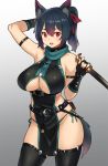  1girl animal_ears arm_strap arm_up armpits belt black_gloves black_legwear blue_hair blue_panties breasts cleavage commentary_request contrapposto cowboy_shot fingerless_gloves gloves gradient gradient_background hair_between_eyes hair_ribbon highres houtengeki knife large_breasts looking_at_viewer open_mouth original panties pelvic_curtain ponytail red_eyes ribbon side-tie_panties simple_background solo standing string_panties tail thigh-highs under_boob underwear 