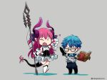 1boy 1girl ;d \m/ asaya_minoru bangs black_footwear blue_hair blue_neckwear blue_pants blue_vest book boots bow bowtie chibi commentary_request crossed_arms curled_horns detached_sleeves dragon_girl dragon_horns dragon_tail elizabeth_bathory_(fate) elizabeth_bathory_(fate)_(all) eyebrows_visible_through_hair fang fate/extra fate/extra_ccc fate_(series) glasses grey-framed_eyewear grey_background hair_between_eyes hair_ribbon hand_up hans_christian_andersen_(fate) heart holding holding_spear holding_weapon horns knee_boots long_hair long_sleeves one_eye_closed open_book open_mouth pants plaid plaid_skirt pleated_skirt polearm purple_ribbon quill ribbon shirt skirt sleeveless sleeveless_shirt smile spear spiked_boots spikes standing standing_on_one_leg striped striped_shirt tail two_side_up underbust very_long_hair vest weapon white_footwear white_shirt