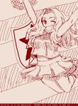  ;d abazu-red arms_up cheerleader emblem girls_und_panzer hair_intakes jumping kay_(girls_und_panzer) kneehighs long_hair midriff monochrome one_eye_closed open_mouth pom_poms saunders_(emblem) smile 