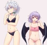  2girls adjusting_hair bare_arms bare_shoulders bat_wings black_bra black_panties blue_eyes bow bra braid breasts cleavage collarbone commentary_request cowboy_shot flat_chest gluteal_fold green_bow grey_background groin hair_between_eyes hair_bow hand_on_own_chin hand_up head_tilt izayoi_sakuya lavender_hair looking_at_viewer maid_headdress medium_breasts miyo_(ranthath) multiple_girls navel no_hat no_headwear panties parted_lips pink_bra pink_panties profile red_bow red_eyes remilia_scarlet short_hair side-tie_panties silver_hair simple_background standing stomach touhou twin_braids underwear underwear_only wings 