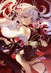  1girl azur_lane bare_shoulders blush breasts cowboy_shot dress floating_hair hair_ornament hand_up heart heart_hair_ornament highres long_hair looking_at_viewer red_eyes ribbon sibyl sideboob silver_hair slit_pupils small_breasts smile solo twintails twitter_username vampire_(azur_lane) weibo_username 