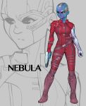  1girl bald black_eyes blue_skin bodysuit boots character_name facial_mark grey_background guardians_of_the_galaxy gun highres marvel mechanical_arm nebula_(gotg) solo weapon 
