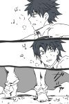  2boys fujimaru_ritsuka_(male) gawain_(fate/extra) gawain_(fate/grand_order) highres monochrome multiple_boys translation_request 