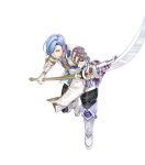  1boy blue_hair boots fire_emblem fire_emblem_heroes fire_emblem_if full_body gloves hair_over_one_eye highres male_focus naginata official_art polearm shigure_(fire_emblem_if) solo transparent_background weapon yellow_eyes yura_(ub4u) 