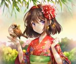  1girl ahngkeut bangs bird bird_on_finger blush brown_hair day eyebrows_visible_through_hair floral_print flower hair_flower hair_ornament hairband hands_up japanese_clothes kimono obi outdoors plant print_kimono red_flower red_hairband red_kimono sash short_hair sleeves_past_elbows solo sparrow talons tree twitter_username upper_body violet_eyes wide_sleeves yellow_flower 