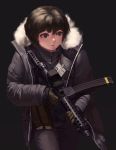  1girl brown_eyes brown_hair curly_hair fur-trimmed_jacket fur_trim gloves gun holding holding_gun holding_weapon jacket original pouch seung_mo_kim short_hair simple_background solo tag weapon weapon_request 