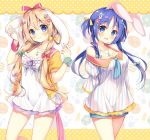  2girls :d animal_ears bangs blonde_hair blue_bow blue_eyes blue_hair blue_neckwear blush bow breasts cleavage commentary_request dress ear_grab easter easter_egg egg hair_bow jacket jewelry long_hair looking_at_viewer low_twintails medium_breasts multiple_girls neck_ribbon neckerchief open_mouth original pendant polka_dot purple_neckwear purple_ribbon quad_tails rabbit_ears red_bow ribbon ribbon_trim sailor_collar short_dress short_hair shorts_under_dress smile suimya twintails yellow_bow yellow_jacket 