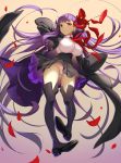  1girl absurdly_long_hair arm_up bangs bb_(fate/extra_ccc) black_footwear black_legwear black_skirt blouse blush boots breasts cape closed_mouth coat commentary_request eyebrows_visible_through_hair fate/extra fate/extra_ccc fate/grand_order fate_(series) floating_hair full_body hair_ribbon high-waist_skirt highres ikomochi large_breasts loafers long_hair looking_at_viewer miniskirt open_clothes open_coat panties petals pink_panties purple_hair red_ribbon ribbon rose_petals shiny shiny_skin shoes skirt smile solo thigh-highs thigh_boots thighs underwear upskirt very_long_hair violet_eyes white_panties 