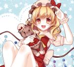  1girl :d animal_ears bangs bear_ears blonde_hair blue_background body_blush bow collared_shirt commentary_request doll ear ears eyebrows_visible_through_hair eyelashes fake_animal_ears fang feet_out_of_frame flandre_scarlet frilled_shirt_collar frilled_skirt frills gem hand_up hat hat_bow heart heart_background highres holding holding_doll looking_at_viewer medium_hair mini_hat mob_cap mumu-crown open_mouth puffy_short_sleeves puffy_sleeves red_bow red_skirt red_vest sash shiny shiny_hair shiny_skin shirt short_sleeves sitting skirt skirt_set smile solo star starry_background stuffed_animal stuffed_toy teddy_bear tongue touhou upper_teeth vest white_shirt white_skin wings wrist_cuffs yellow_eyes 