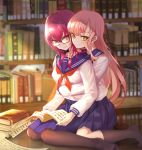  2girls absurdres bespectacled book bookshelf breasts fate/grand_order fate_(series) glasses highres holding holding_book hug hug_from_behind long_hair looking_at_viewer loveyi medb_(fate/grand_order) multiple_girls pink_hair red_eyes reflective_floor scathach_(fate/grand_order) school_uniform sitting skirt smile thigh-highs yellow_eyes yuri 