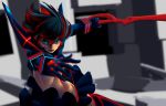  161803393_(artist) 1girl absurdres black_hair blue_eyes blurry blurry_background gloves highres holding holding_weapon kill_la_kill matoi_ryuuko microskirt multicolored_hair open_mouth scissor_blade senketsu short_hair skirt solo streaked_hair suspenders two-tone_hair weapon 