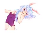  1girl ahoge animal_ears bangs bare_shoulders blue_eyes breasts bunny_tail bunnysuit covered_navel dellin01 fake_animal_ears fake_tail highres leotard long_hair looking_at_viewer lying on_back purple_leotard rabbit_ears silver_hair simple_background small_breasts solo soul_worker stella_unibell strapless strapless_leotard tail thigh-highs white_background white_legwear 