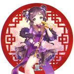  1girl braid double_bun dress feather_boa flower green_eyes hair_flower hair_ornament holding holding_microphone idolmaster idolmaster_cinderella_girls looking_at_viewer maruna_(maru01) microphone purple_dress short_twintails smile solo standing twintails wristband yao_feifei 