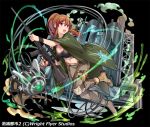  1girl belt black_background black_bra boots bra breasts brown_hair cable cape cleavage copyright_request fingernails glowing green_cape grey_pants gun hair_between_eyes holding holding_gun holding_weapon jumping knee_pads large_breasts long_hair midriff navel official_art open_mouth original pants ponytail pop_kyun pouch rifle robot scope simple_background sniper_rifle solo underwear violet_eyes watermark weapon wristband 