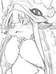  1other bangs blunt_bangs blush catchphrase ears_through_headwear furry greyscale hands_up horns jin_(mugenjin) long_hair looking_at_viewer made_in_abyss monochrome nanachi_(made_in_abyss) nose_blush pants parted_lips paws solo standing topless upper_body whiskers 