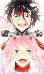  1boy 1girl bangs black_hair blood blood_on_face bodysuit couple crying crying_with_eyes_open darling_in_the_franxx gloves green_eyes happy hetero hiro_(darling_in_the_franxx) horns long_hair open_mouth pilot_suit pink_hair red_bodysuit short_hair smile spoilers tears temaroppu_(ppp_10cc) zero_two_(darling_in_the_franxx) 