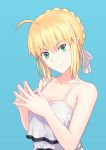  1girl ahoge artoria_pendragon_(all) bare_shoulders blonde_hair blue_background breasts cleavage collarbone dress eyebrows_visible_through_hair fate/stay_night fate_(series) fateline_alpha freckles green_eyes hair_ribbon halter_dress head_tilt highres layered_dress ribbon saber short_hair simple_background sleeveless sleeveless_dress small_breasts smile solo sundress upper_body white_ribbon 