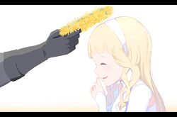  1girl bangs black_gloves blonde_hair blunt_bangs blush braid dress elbow_gloves flower_wreath from_side gloves hand_up head_wreath highres holding letterboxed long_hair long_sleeves maquia_(sayoasa) out_of_frame parted_lips sayonara_no_asa_ni_yakusoku_no_hana_wo_kazarou shiny shiny_hair smile solo_focus twin_braids upper_body usuaji white_background white_dress 