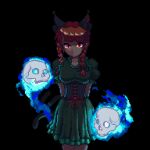  1girl adapted_costume animal_ears arms_behind_back black_background breasts cat_ears closed_mouth collarbone dress green_dress hitodama kaenbyou_rin looking_at_viewer medium_hair pixel_art potemki11 red_eyes redhead short_sleeves simple_background skull smile solo touhou 