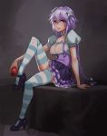  1girl alternate_costume apple artist_request braid choker d-pad d-pad_hair_ornament food fruit full_body hair_ornament high_heels holding holding_fruit looking_at_viewer neptune_(series) pleated_skirt purple_hair purple_heart sitting skirt solo striped striped_legwear thigh-highs twin_braids violet_eyes 