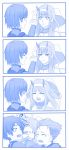  !? 1girl 2boys 4koma :d absurdres blue bodysuit closed_eyes comic commentary_request crying darling_in_the_franxx eye_contact eyebrows_visible_through_hair fangs flying_teardrops hair_slicked_back hairband highres hiro_(darling_in_the_franxx) horns long_hair looking_at_another mitsuru_(darling_in_the_franxx) monochrome multiple_boys open_mouth simple_background smile tears viperxtr white_background wide-eyed zero_two_(darling_in_the_franxx) 