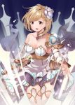  1girl bare_shoulders blonde_hair blush breasts brown_eyes byte_(allbyte) cleavage collarbone commentary_request detached_sleeves djeeta_(granblue_fantasy) eyebrows_visible_through_hair granblue_fantasy hair_ornament highres looking_at_viewer medium_breasts nontraditional_miko short_hair solo 