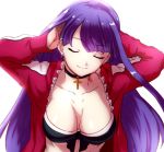  1girl adjusting_hair aoba_(smartbeat) arms_up bikini black_bikini breasts cleavage closed_mouth collarbone cross_choker earrings eyebrows_visible_through_hair fate/grand_order fate_(series) jacket jewelry large_breasts long_hair long_sleeves open_clothes open_jacket pink_jacket saint_martha saint_martha_(swimsuit_ruler)_(fate) shiny shiny_hair smile solo straight_hair swimsuit very_long_hair violet_eyes 