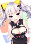  1girl :d blue_eyes breasts cleavage cleavage_cutout eyebrows_visible_through_hair hair_ornament highres kaguya_luna kaguya_luna_(character) large_breasts looking_at_viewer mk82_(hoonsyh) multicolored multicolored_background obi open_mouth ribbon sash short_hair silver_hair sleeveless smile solo twintails virtual_youtuber white_ribbon wrist_ribbon x_hair_ornament 
