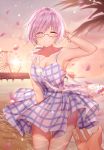  1girl ^_^ absurdres arm_up armpits bag bangs bare_arms bare_shoulders beach bracelet breasts cleavage closed_eyes collarbone commentary_request dress earrings eyebrows_visible_through_hair facing_viewer fate/grand_order fate_(series) ferris_wheel fou_(fate/grand_order) glasses grin highres jewelry junpaku_karen long_hair mash_kyrielight medium_breasts outdoors pendant petals pink_hair pixiv_id plaid plaid_dress sand short_hair shoulder_bag sky sleeveless sleeveless_dress smile solo_focus star star_earrings sun sunlight sunset thigh_gap water 