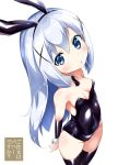  1girl absurdres animal_ears bare_shoulders black_legwear black_leotard blue_eyes blue_hair breasts bunnysuit commentary_request covered_navel detached_collar detached_sleeves fake_animal_ears from_above gochuumon_wa_usagi_desu_ka? hair_ornament hairclip highres kafuu_chino latex leotard long_hair looking_up rabbit_ears sakurayume_kome shiny small_breasts solo strapless strapless_leotard thigh-highs wrist_cuffs 