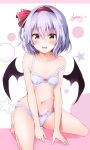  1girl artist_name bangs bare_arms bare_legs bare_shoulders bat_wings black_wings blue_bra blue_panties blush bow bow_bra bow_panties bra breasts collarbone eyebrows_visible_through_hair hair_ribbon highres hyurasan kneeling lavender_hair looking_at_viewer navel open_mouth panties pink_background red_eyes red_ribbon remilia_scarlet ribbon signature small_breasts solo star strap_slip touhou two-tone_background underwear underwear_only white_background wings 