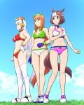  3girls :&lt; animal_ears bikini blue_sky breasts brown_hair clouds commentary_request day eyebrows_visible_through_hair gloves gold_ship grass green_eyes highres horse_ears horse_tail long_hair looking_to_the_side medium_breasts multicolored_hair multiple_girls navel orange_hair outdoors red_bikini ribbon shoes short_hair silence_suzuka silver_hair sky special_week standing swimsuit tail thigh-highs two-tone_hair ueyama_michirou umamusume violet_eyes white_legwear 