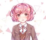  1girl blush commentary doki_doki_literature_club english_commentary eyes_visible_through_hair hair_ornament hair_ribbon hairclip looking_at_viewer natsuki_(doki_doki_literature_club) parted_lips pink_eyes pink_hair red_ribbon ribbon ronpu_cooing school_uniform short_hair simple_background solo triangle two_side_up upper_body 