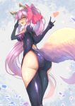  1girl \m/ animal_ears ass bow breasts commentary_request curvy fate/grand_order fate_(series) fox_ears fox_tail glasses hair_bow highres huge_ass large_breasts long_hair looking_at_viewer looking_back ohako_(ohako1818) pink_hair ponytail rectangular_eyewear solo tail tamamo_(assassin)_(fate) tamamo_(fate)_(all) thick_thighs thigh_cutout thighs very_long_hair wide_hips yellow_eyes 