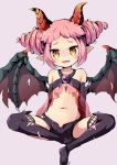 1girl :3 :d bangs bare_shoulders black_footwear black_legwear black_shorts blush boots breasts brown_background brown_eyes brown_wings character_request collarbone demon_girl demon_horns demon_wings fangs forehead head_tilt horns maplestory maplestory_2 navel nekono_rin open_mouth pink_hair pointy_ears short_shorts shorts simple_background sitting small_breasts smile solo thigh-highs thigh_boots wings 