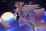  1girl boots dutch_angle eyebrows_visible_through_hair feathers goddess_madoka hair_between_eyes highres kaname_madoka kyubey long_hair magical_girl mahou_shoujo_madoka_magica mahou_shoujo_madoka_magica_movie pink_eyes pink_hair sengoku_chidori short_hair smile solo space star sunrise thigh-highs thigh_boots thighs twintails 