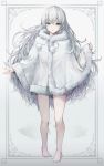  1girl absurdres bangs bare_legs barefoot cape crystalherb eyebrows_visible_through_hair feet footprints frame full_body fur_trim grey_eyes hair_between_eyes highres long_hair looking_at_viewer original parted_lips pom_pom_(clothes) silver_hair solo toenails very_long_hair white_cape winter_clothes 