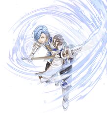  1boy aura blue_hair boots fire_emblem fire_emblem_heroes fire_emblem_if full_body gloves hair_over_one_eye highres male_focus naginata official_art open_mouth polearm shigure_(fire_emblem_if) solo teeth transparent_background weapon yellow_eyes yura_(ub4u) 