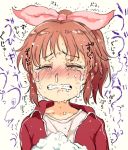  /\/\/\ 1girl abe_nana blush bow brown_hair clenched_teeth closed_eyes commentary_request crying facing_viewer gomennasai hair_bow idolmaster idolmaster_cinderella_girls jacket large_bow nose_blush pink_bow ponytail red_jacket shirt snot solo tears teeth towel track_jacket trembling upper_body white_shirt 
