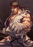  &gt;:( 1boy asutora bandage bandaged_hands belt black_belt blue_eyes brown_hair clenched_hands closed_mouth commentary_request cowboy_shot fighting_stance fingerless_gloves foreshortening frown gloves headband highres looking_at_viewer male_focus muscle pants red_headband ryuu_(street_fighter) sleeveless solo standing street_fighter torn_clothes white_pants 