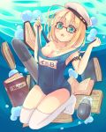  1girl air_bubble blonde_hair blue_eyes book breasts bubble cleavage glasses hat highres i-8_(kantai_collection) kantai_collection low_twintails medium_breasts name_tag ocean one-piece_swimsuit open_mouth peaked_cap red-framed_eyewear sailor_hat school_swimsuit semi-rimless_eyewear solo swimsuit thigh-highs torpedo twintails underwater white_legwear woruta_(soloistlist) 