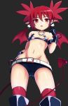  1girl alice360 bare_shoulders boots bracelet collar demon_girl demon_tail demon_wings disgaea disgaea_d2 earrings etna flat_chest from_below gloves hand_on_hip highres jewelry navel pointy_ears redhead short_shorts short_twintails shorts skull_earrings slit_pupils tail thigh-highs thighhighs_under_boots twintails wings 