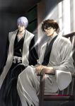  2boys aizen_sousuke black-framed_eyewear bleach brown_hair chair closed_eyes glasses hair_between_eyes haori ichimaru_gin indoors japanese_clothes kedo_mitsuharu legs_crossed multiple_boys signature silver_hair sitting smile standing sunlight sword taichou_haori weapon window 