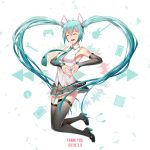  1girl 2018 blue_hair blush boots breasts closed_eyes dated detached_sleeves eyebrows_visible_through_hair floating_hair full_body geduan grey_footwear grey_skirt hair_between_eyes hatsune_miku heart heart_hair heart_hands high_heel_boots high_heels highres long_hair miniskirt necktie number open_mouth pleated_skirt shirt simple_background skirt sleeveless sleeveless_shirt small_breasts smile solo tattoo thank_you thigh-highs thigh_boots twintails very_long_hair vocaloid white_background white_shirt zettai_ryouiki 
