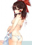  1girl ass back bangs bare_arms bare_shoulders bikini bow breasts brown_hair butt_crack detached_sleeves eyebrows_visible_through_hair hair_bow hair_tubes hakurei_reimu highres long_hair looking_at_viewer mirei open_mouth polka_dot polka_dot_background red_bow red_eyes ribbon-trimmed_sleeves ribbon_trim side-tie_bikini small_breasts smile solo standing string_bikini swimsuit touhou translated two-tone_background white_background white_bikini 