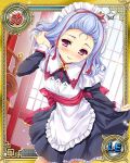  1girl adjusting_hair apron arm_up black_dress blue_hair blush card_(medium) dress dress_lift katagiri_hinata koihime_musou leaning_forward lifted_by_self maid maid_headdress official_art red_eyes ribbon sash short_hair smile solo toutaku 